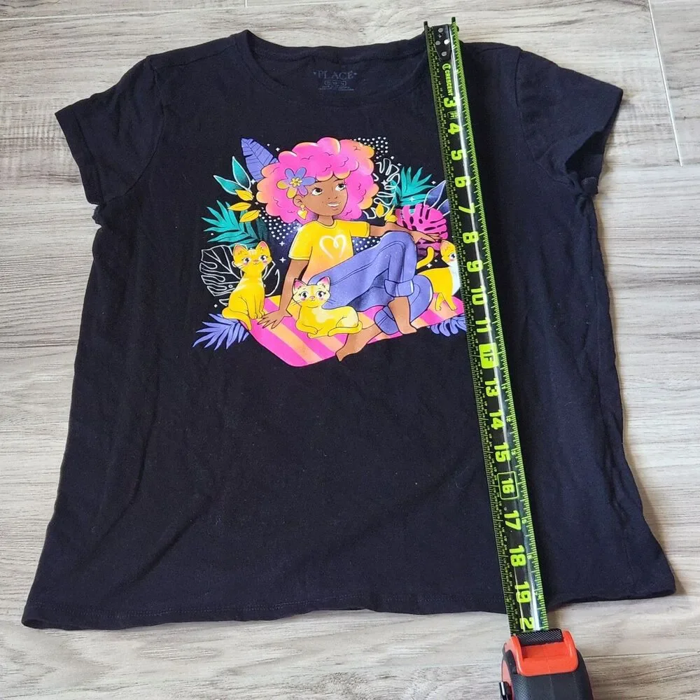 The Children's Place Cat Graphic Tee Girls XL 14 Black Cute Kitty Tropical Shirt
